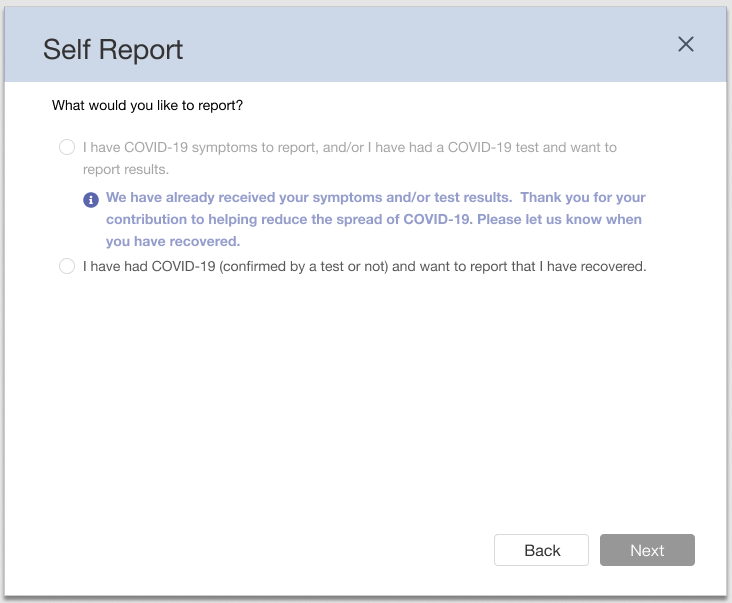 Self-Report Symptoms - Error Positve Test Submitted